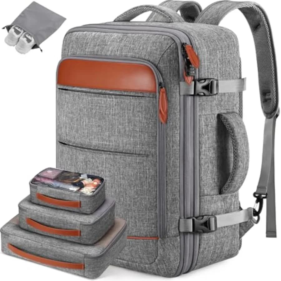 Zaino da Viaggio 42L Approvato per il Volo, Zaino Espandibile per Laptop con Cubi Organizzatori e Tasca per Scarpe, Resistente all'Acqua