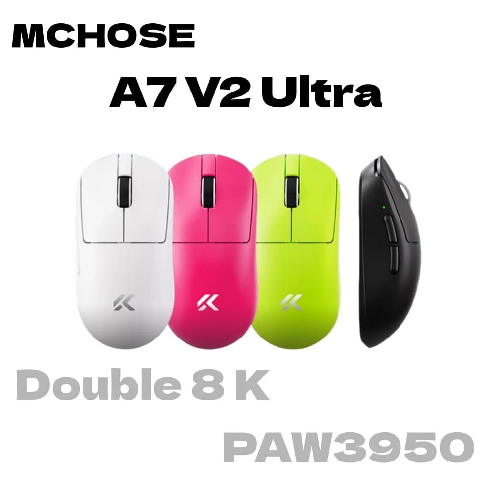 Mouse da gioco MCHOSE A7 V2 Ultra PAW3950 Sensore TI Doppio 8000Hz 20000fps 42000DPI 750IPS Rivestimento in vetro Super Glide importato CSGO