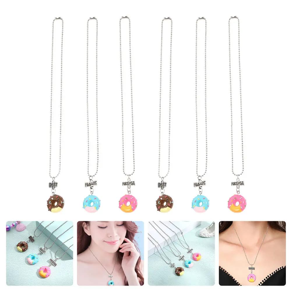 Set of 6 Donut Necklaces for Best Friendly, Premium Plastic Friendship Jewelry for Girls, Lovely Decorative Carton Pendant