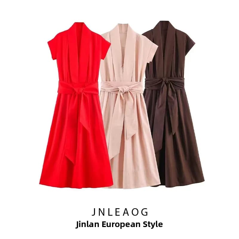 JNLEAOG Fashionable Shirt-Style Dress with Belt Summer New Arrival Women's Clothing Casual Short Sleeve Polyester Fiber
