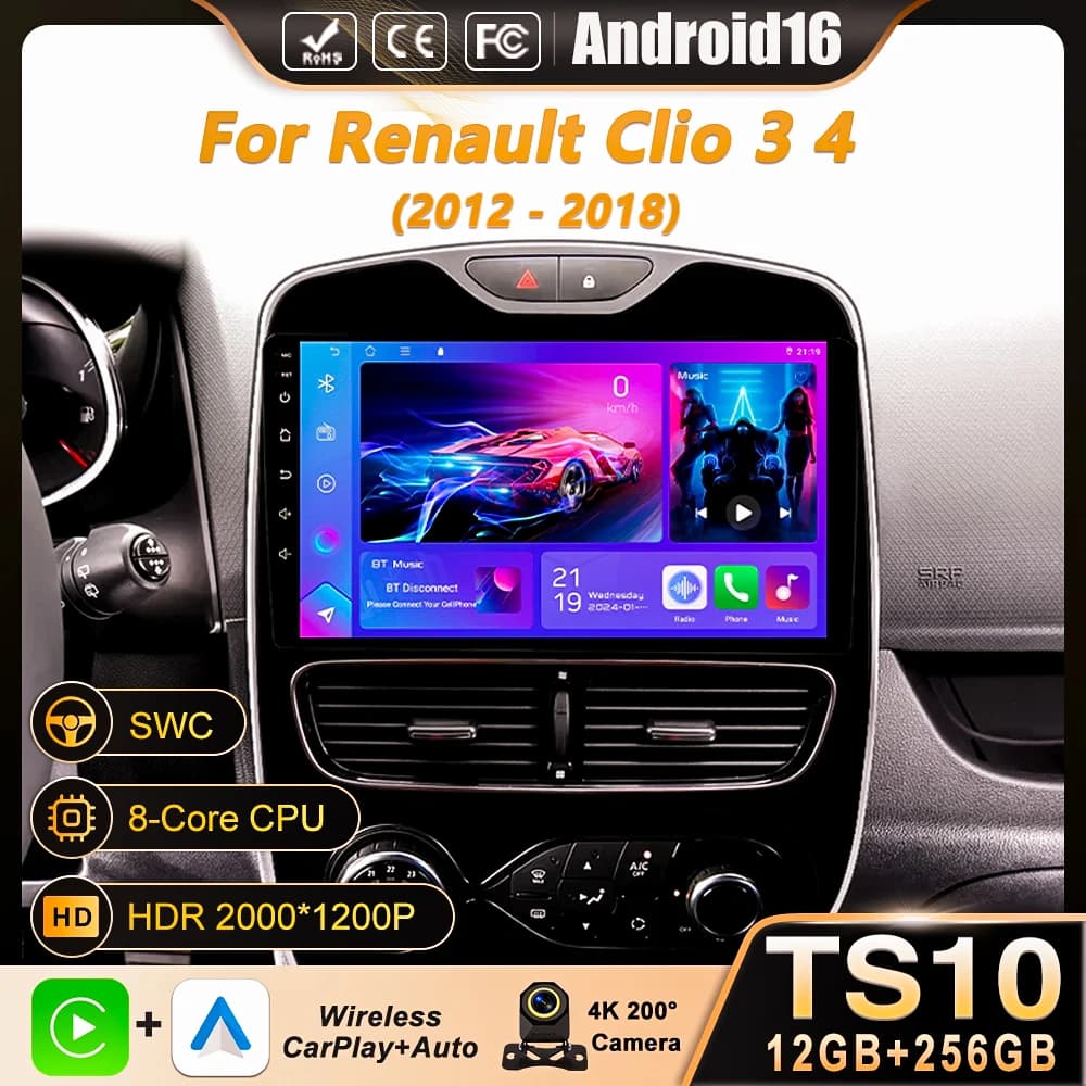Autoradio Android 16 con Carplay e WIFI+4G per Renault Clio 3 4 2012-2018, GPS, Stereo, Lettore Multimediale 2din Wireless