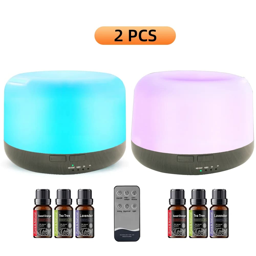 Diffusore di Aromi da 500ml con Telecomando, 7 Luci LED Dimmerabili, Nebulizzazione Silenziosa, Include 3 Oli Essenziali (2 Pezzi) per Casa e Ufficio
