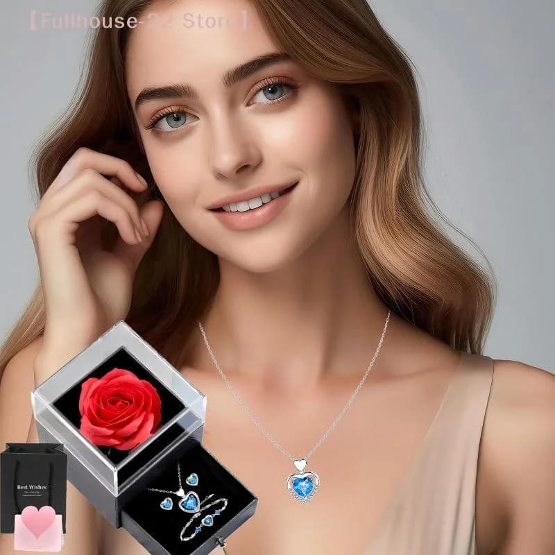 【MAX-22】Collana, bracciale e orecchini a forma di cuore con confezione regalo con fiore di rosa artificiale per San Valentino e festa della mamma