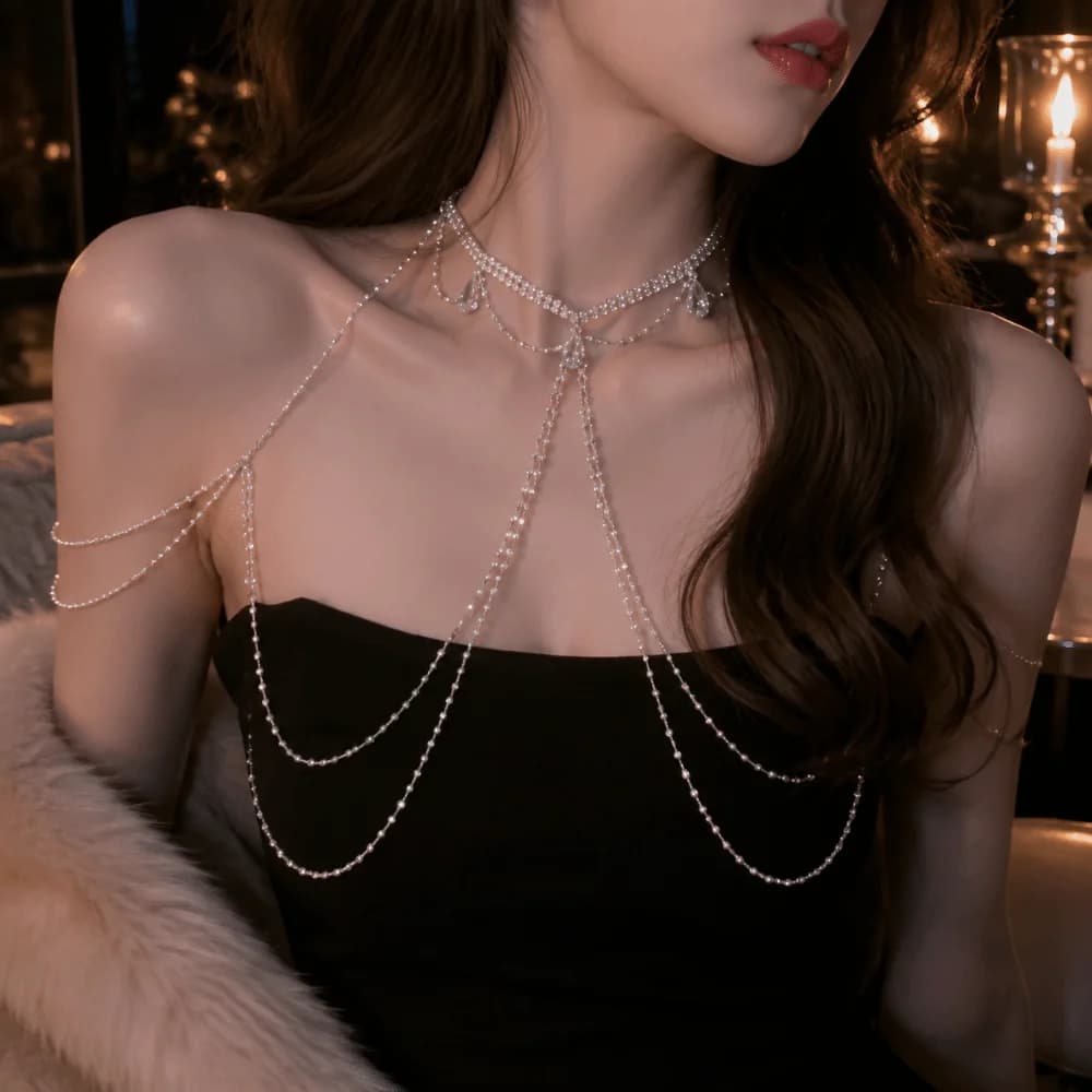 Long Fringe Shoulder Necklace Clavicle Chain Back Chain Rhinestone Body Chain Crystal Luxury Multi-layer Tassel Chain Rave