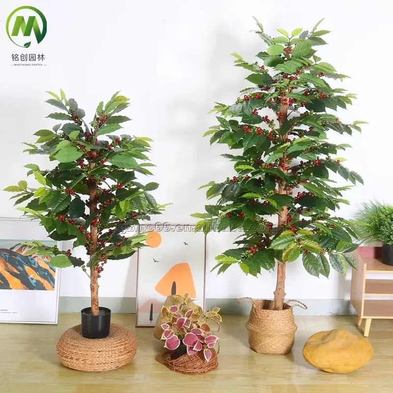 Newest Artificial Coffee Tree Bonsai Natural Faux Coffee Plant Potted High Simulation Coffee Fruit Ornamental Greenery