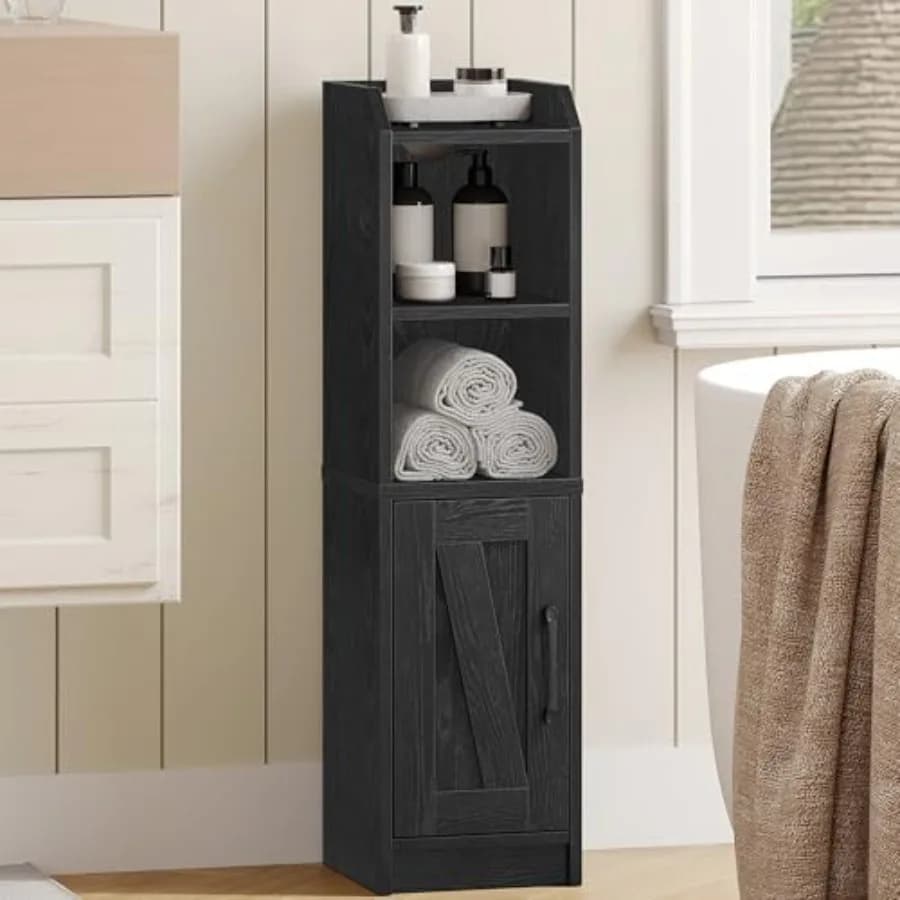 Bathroom Storage Cabinet, Small Farmhouse Corner Floor Cabinet with Door and Shelves, Narrow Toilet Paper Holder Stand, Bathroo