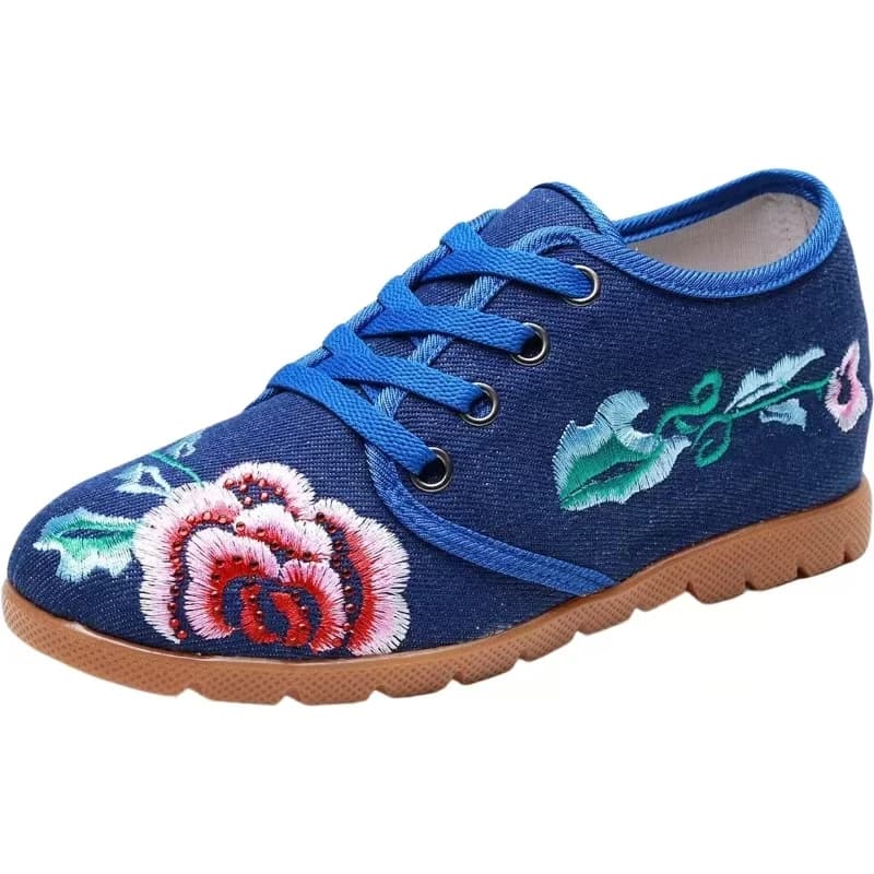 Scarpe da donna in stoffa ricamata interna maggiorata Stile etnico Primavera Autunno Nuove zeppe stringate con punta tonda Scarpe casual nude
