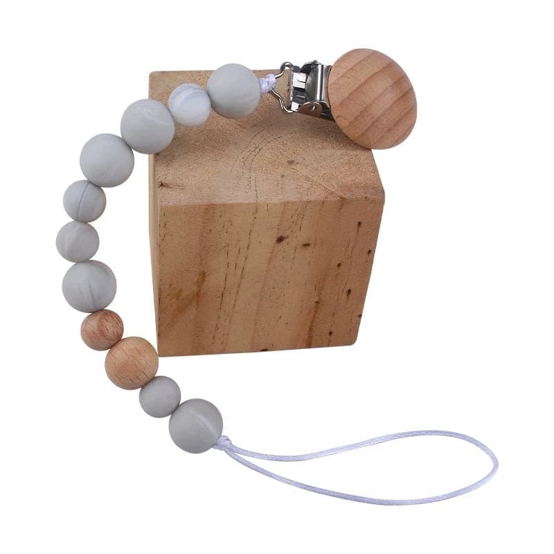 Food Grade Silicone Baby Pacifier Chain Wood Silicone Round Beads Teething Nipple Holder Chew Toy for Infants Shower Gift