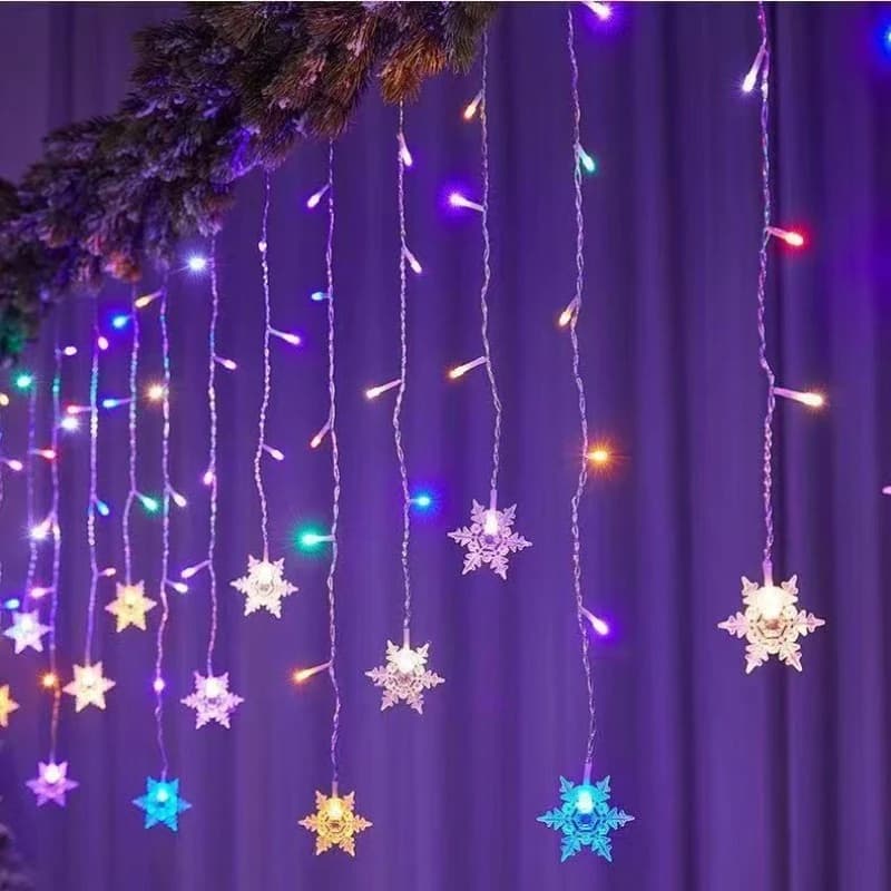LED Snowflake Icicle Curtain String Lights, Christmas Fairy Garland Waterproof for Home Garden Party 2026 New Year Decor