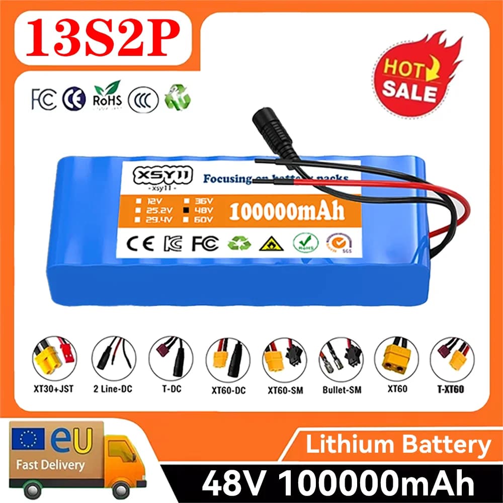 13S2P 48V 100Ah High Power 18650 Battery Electric Vehicle Electric Motorcycle DIY Battery with BMS 54.6V 2A Charger