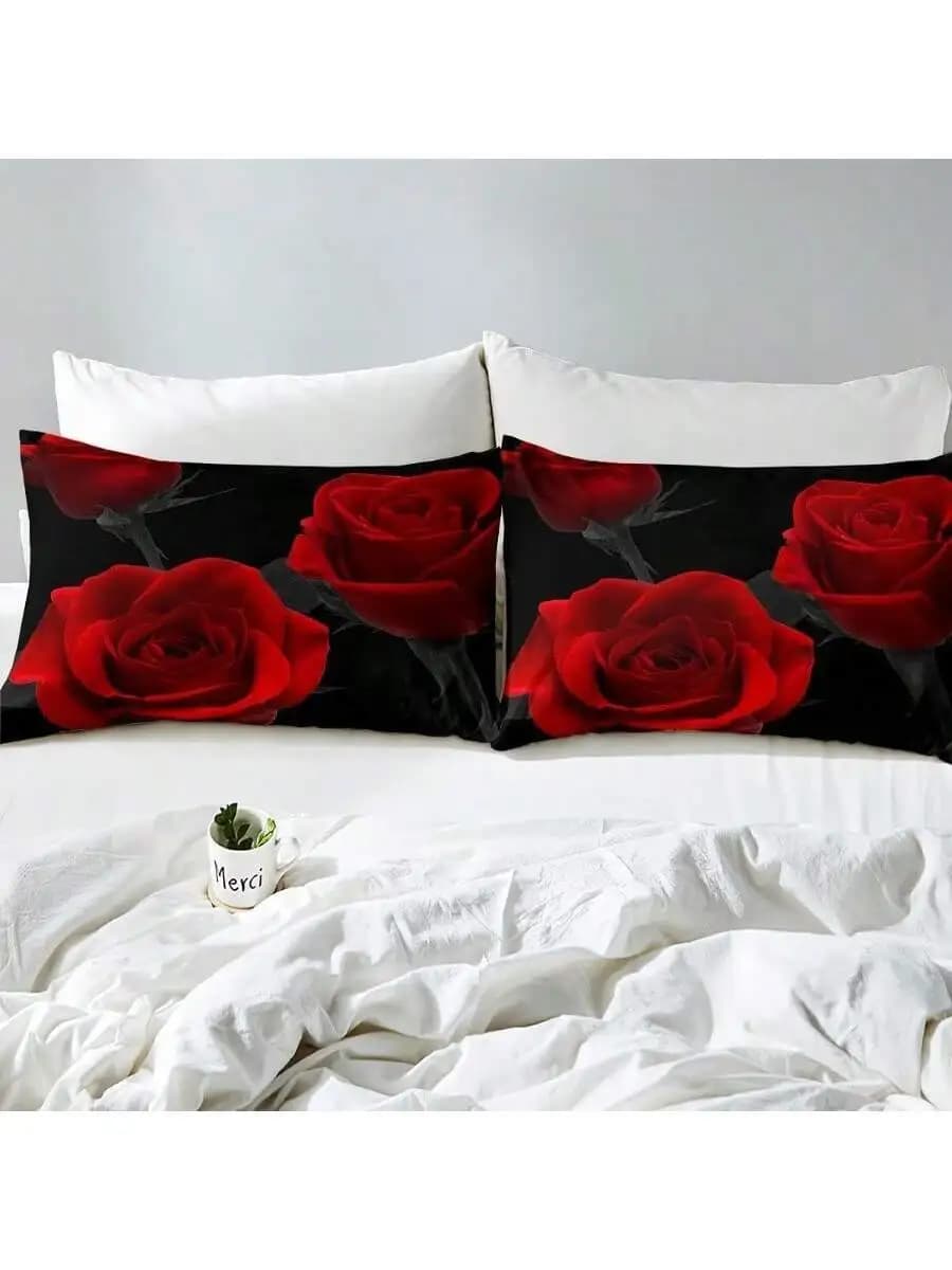 Red Rose Print Duvet Cover Set Microfiber Bedding Black Background Bedroom Decor