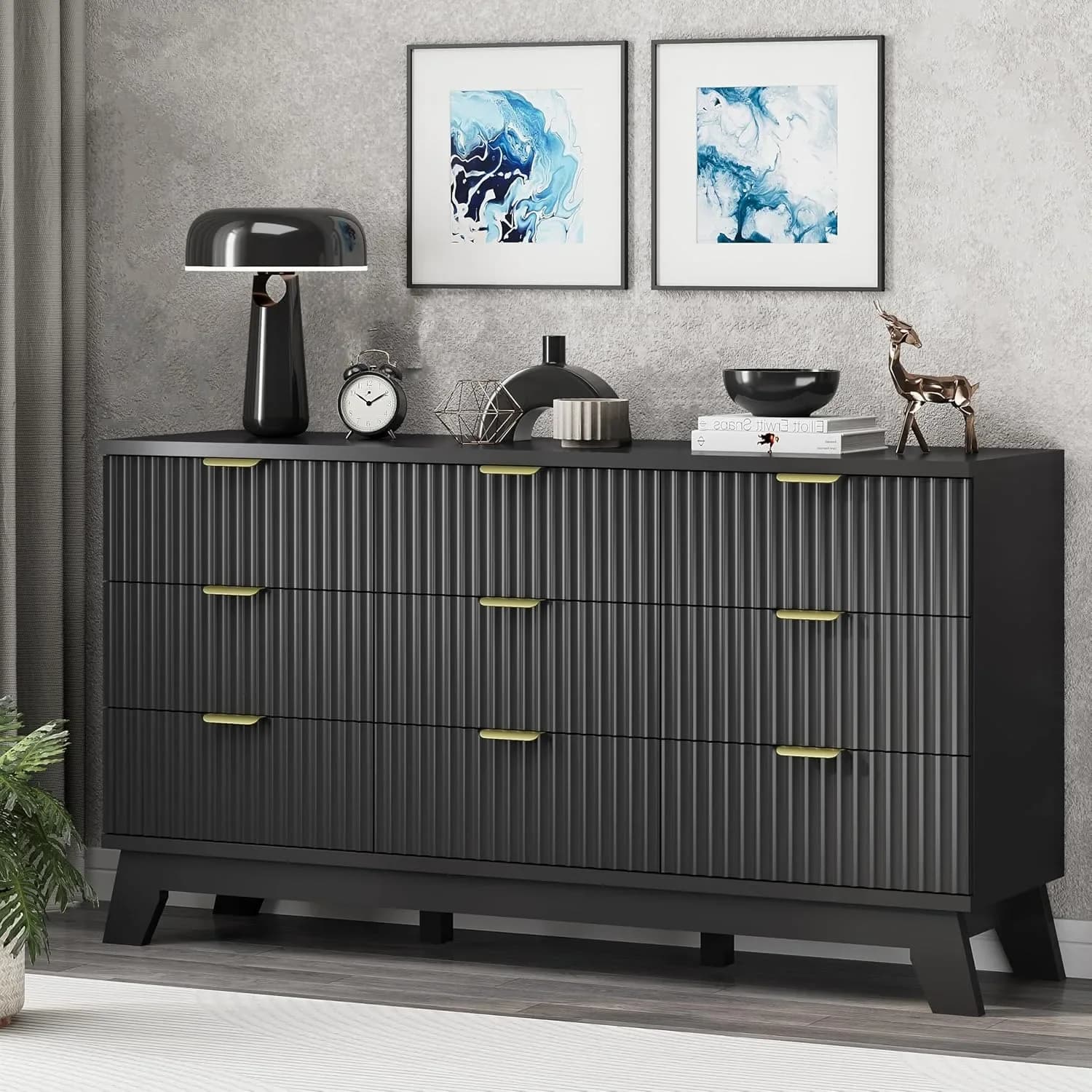 Cassettiera Scanalata Larga 145 cm con 9 Cassetti, Maniglia in Metallo, Mobile TV Moderno in Legno per Camera da Letto, Personalizzabile