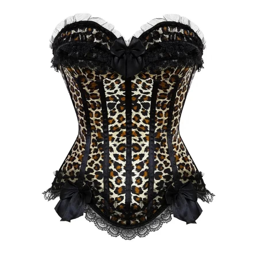 Women Sexy Satin Overbust Corset Top Leopard Lace Bowknot Decorated Bustiers Clubwear Showgirl Body Shaper Lingerie Plus Size