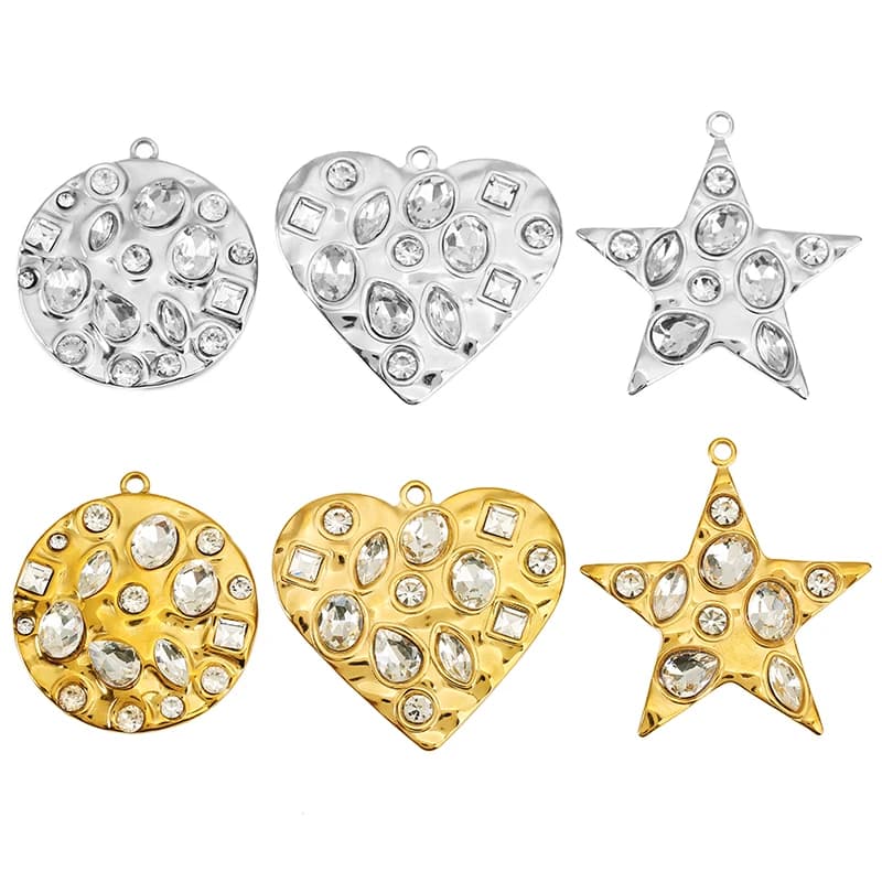 2pcs Stainless Steel Shine Zircon Round Star Charm Large Heart Pendant for Women DIY Earring Necklace Jewelry Making Accessories