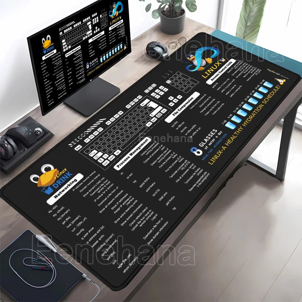 Tappetino per mouse con comandi Linux e scorciatoie Line Tux, grande, accessori per ufficio, tappetino per mouse da gaming con stampa HD, XXL 400x900mm, tappetino da scrivania
