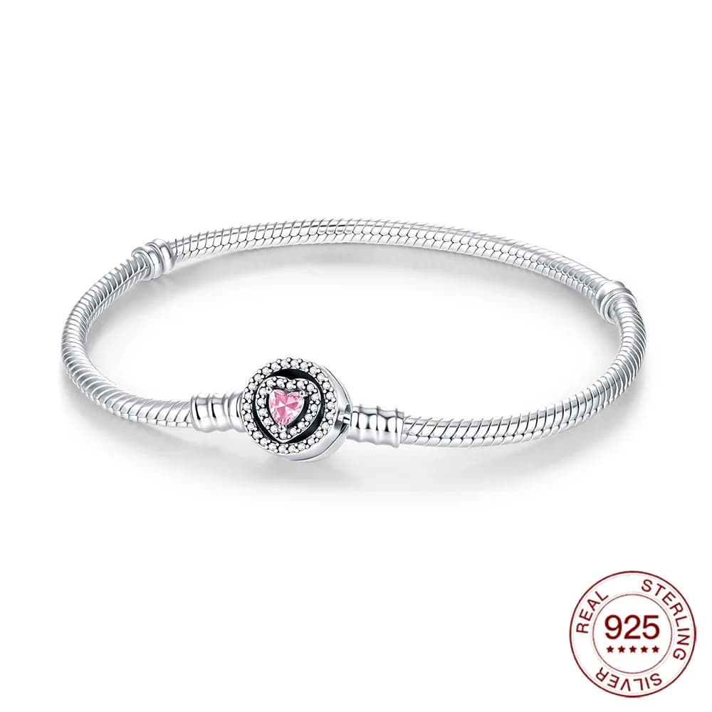 925 Sterling Silver Bracelet with Diamonds Pink Love Original Pendants Jewellery DIY Makes Party Gifts for Women Lovers