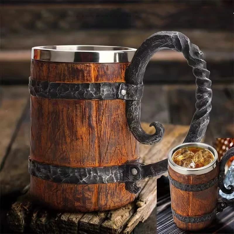 Boccale da birra in stile legno vichingo da 600 ml Regalo di Natale Simulazione Tazza a botte di legno Tazza da bere a doppia parete Kit barra isolante in metallo