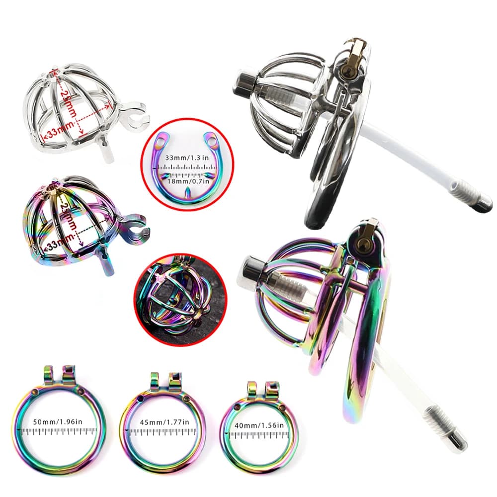 Chastity sand in rainbow/silver stainless steel – Penis cage with urethral catheter, penile ring with discreet closure, chastity device for man