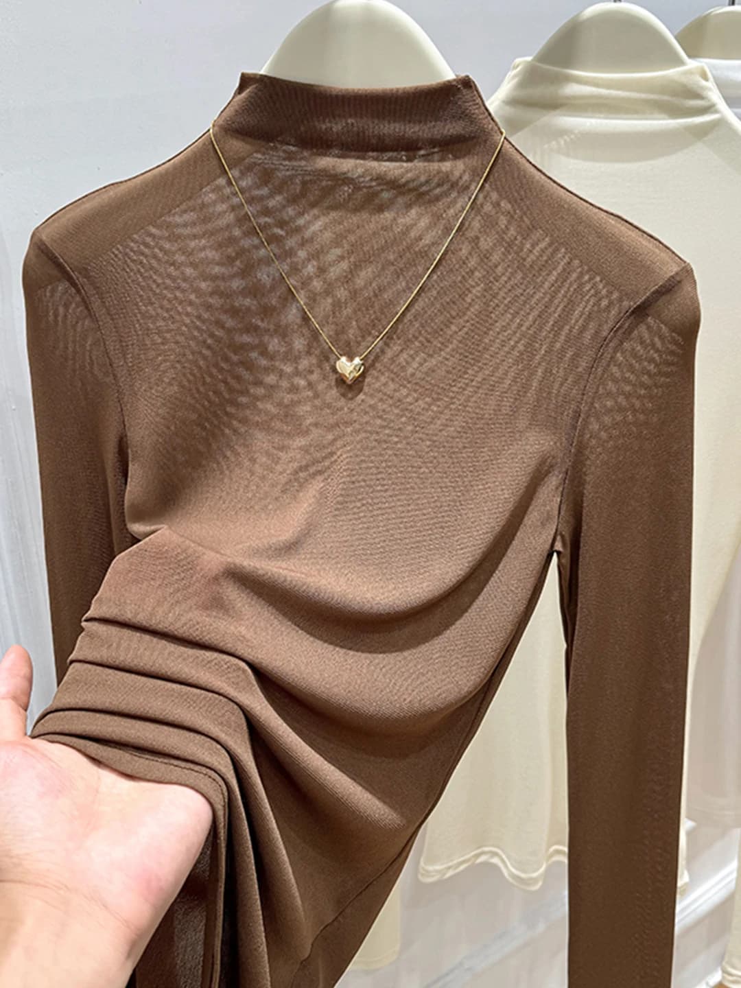 Elegante Camicetta in Pizzo a Maniche Lunghe da Donna, Maglia Sottile in Rete, Top Moda Autunno Inverno Slim Fit con Collo Alto