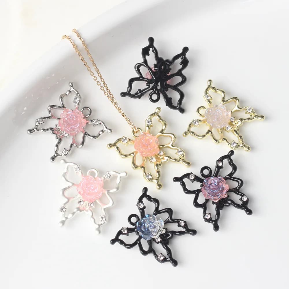 6 pcs/Lot 15*46MM In Strass Resin Zinc Alloy With Butterfly Flower Pendant Flower Pendants And Pendants for World Bracelet Necklace Accessories Make By You