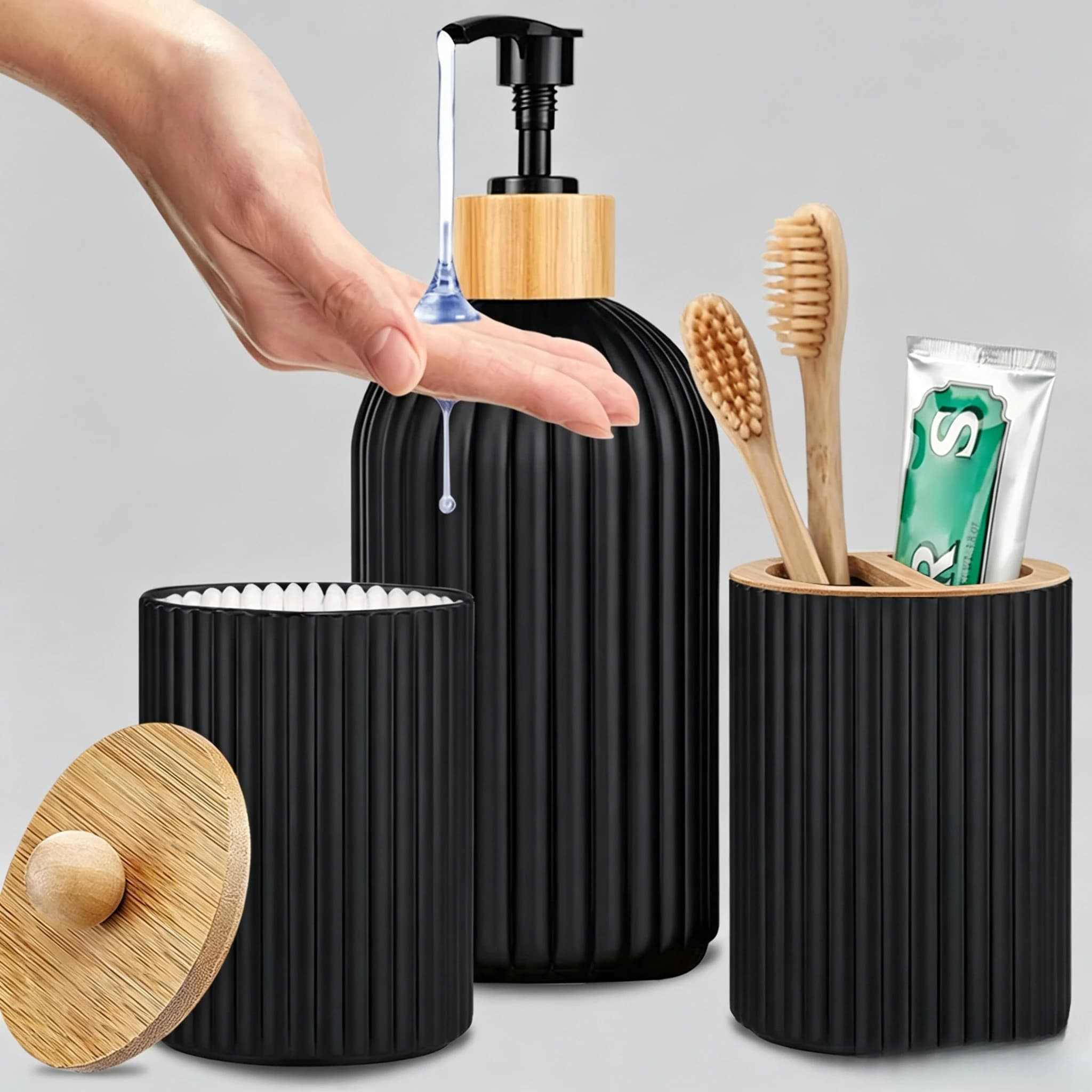 Organizzatore da Bagno per Piano di Lavoro: Dispenser Sapone Liquido, Porta Spazzolini, Contenitore per Cotone Idrogel