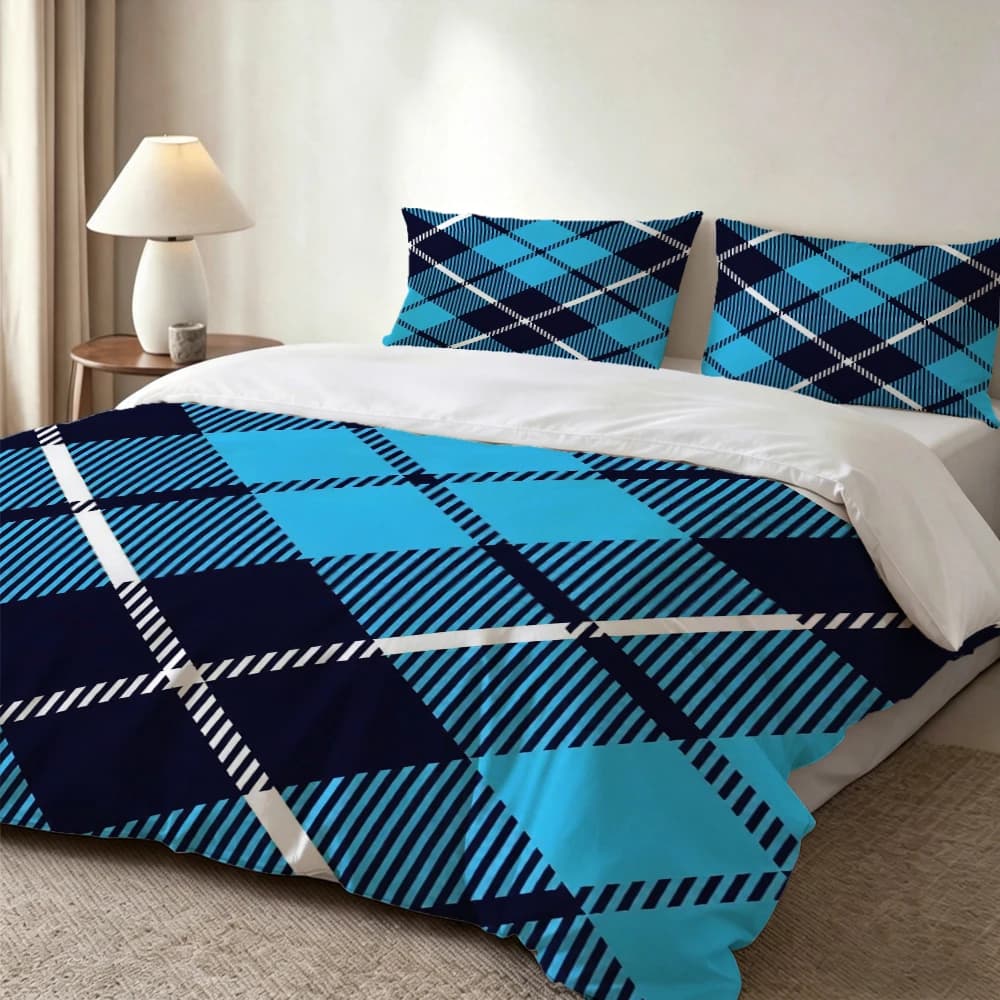 Set di biancheria da letto con stampa digitale ad alta definizione, 3 pezzi, set copripiumino con motivo geometrico a quadri blu e nero, include 1 copripiumino + 2 federe, adatto per camera da letto, camera degli ospiti, decorazione domestica, set copripiumino + federa in fibra di poliestere, set tre pezzi, biancheria da letto ultra morbida, tessuto spesso, adatto a tutte le stagioni, lavabile in lavatrice