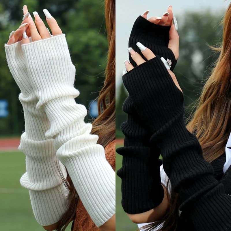 1/2 paio di guanti lunghi senza dita in maglia da donna, scaldabraccia invernali Y2K, maniche a tinta unita, alla moda, casual, morbide, per ragazze