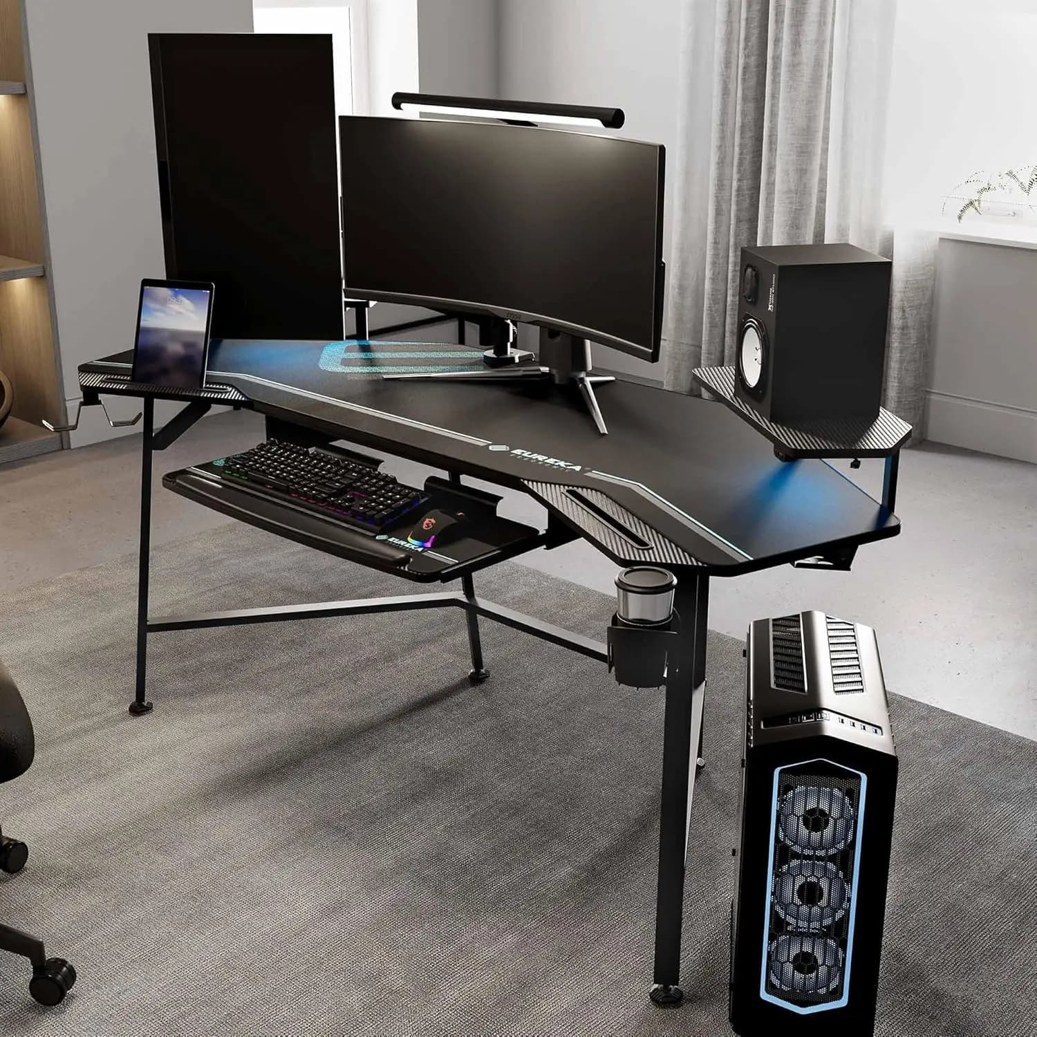 Scrivania da Gaming ERGONOMIC Aero 72 Pollici con Vassoio per Tastiera, Grande Scrivania per Computer con Luci LED, Supporto per Monitor a Forma di Ala, Doppio Porta Cuffie