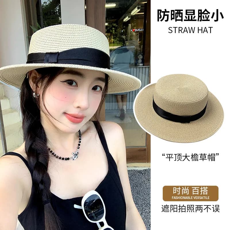 Women French Style Flat Top Straw Hat Wide Brim Summer Uv Protection Adjustable Sun Cap For Beach Travel Vacation Outdoor Wear