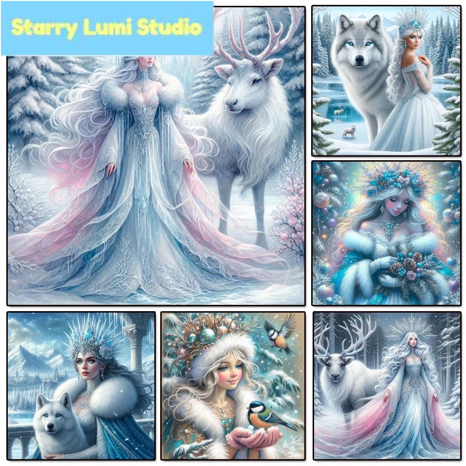 Mosaico di Diamanti: Paesaggio Invernale con Neve, Nuova Serie, Donna e Lupo/Cervo, Ricamo a Diamanti, Punto Croce Natalizio