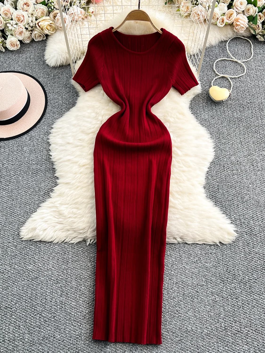 Korean Style Slim Fit Knitted Short Sleeve round Neck Dress Elastic mid Length Skirt High Waist Commute Pure Color Summer Dress