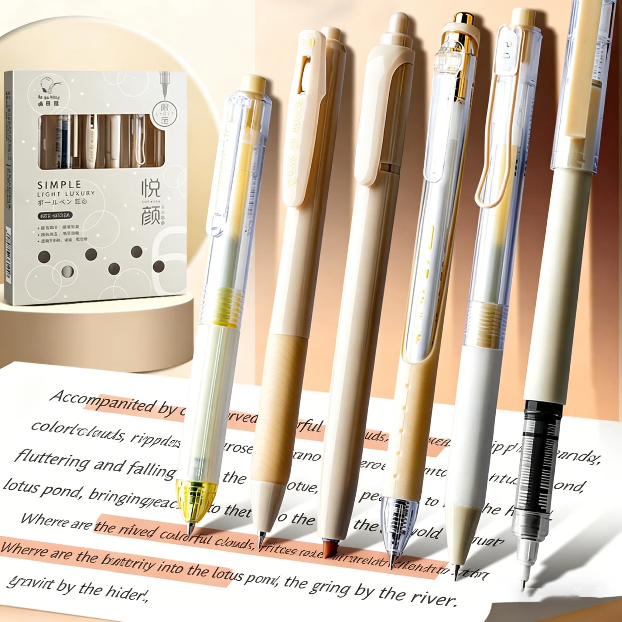 Set di 6 Penne Gel Estetiche Beige, Penne Nere a Sfera ad Asciugatura Rapida Stile Misto per Studenti e Ufficio