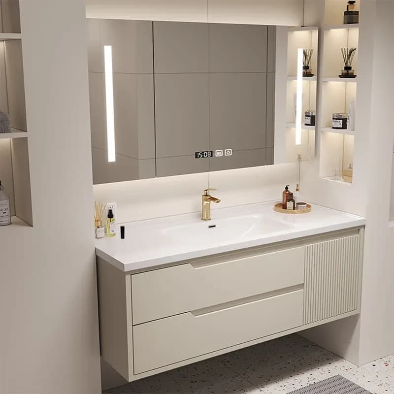 for Wall Mounted Bathroom Cabinet Ceramic Integrated Basin Cream Style Light Luxury Washbasin with Smart Mirror Cabinet