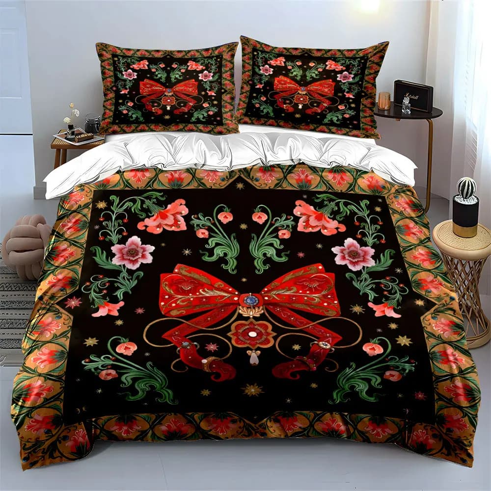 Set Copripiumino con Stampa Floreale e Fiocco Rosso, Morbido e Confortevole, Include 1 Copripiumino e 2 Federe