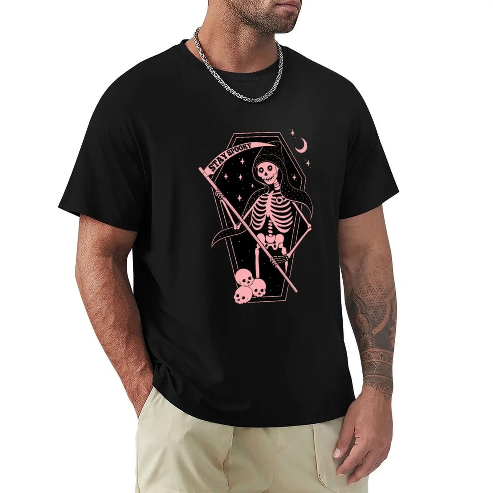 Stay Spooky 02 // T-shirt con stampa di carte dei tarocchi Death Skeleton Grim Reaper, t-shirt semplice e alla moda, casual
