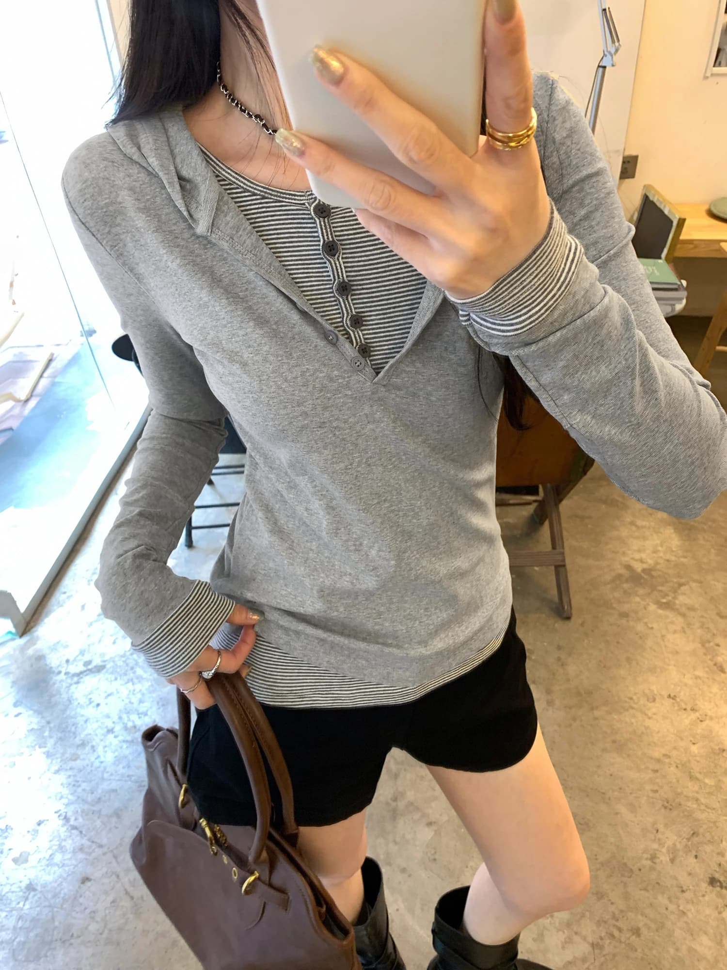 Women's Hooded Striped Patchwork Fake Two-Piece Design Long Sleeve T-Shirt Inner Wear Base Shirt Layering Top for Autumn