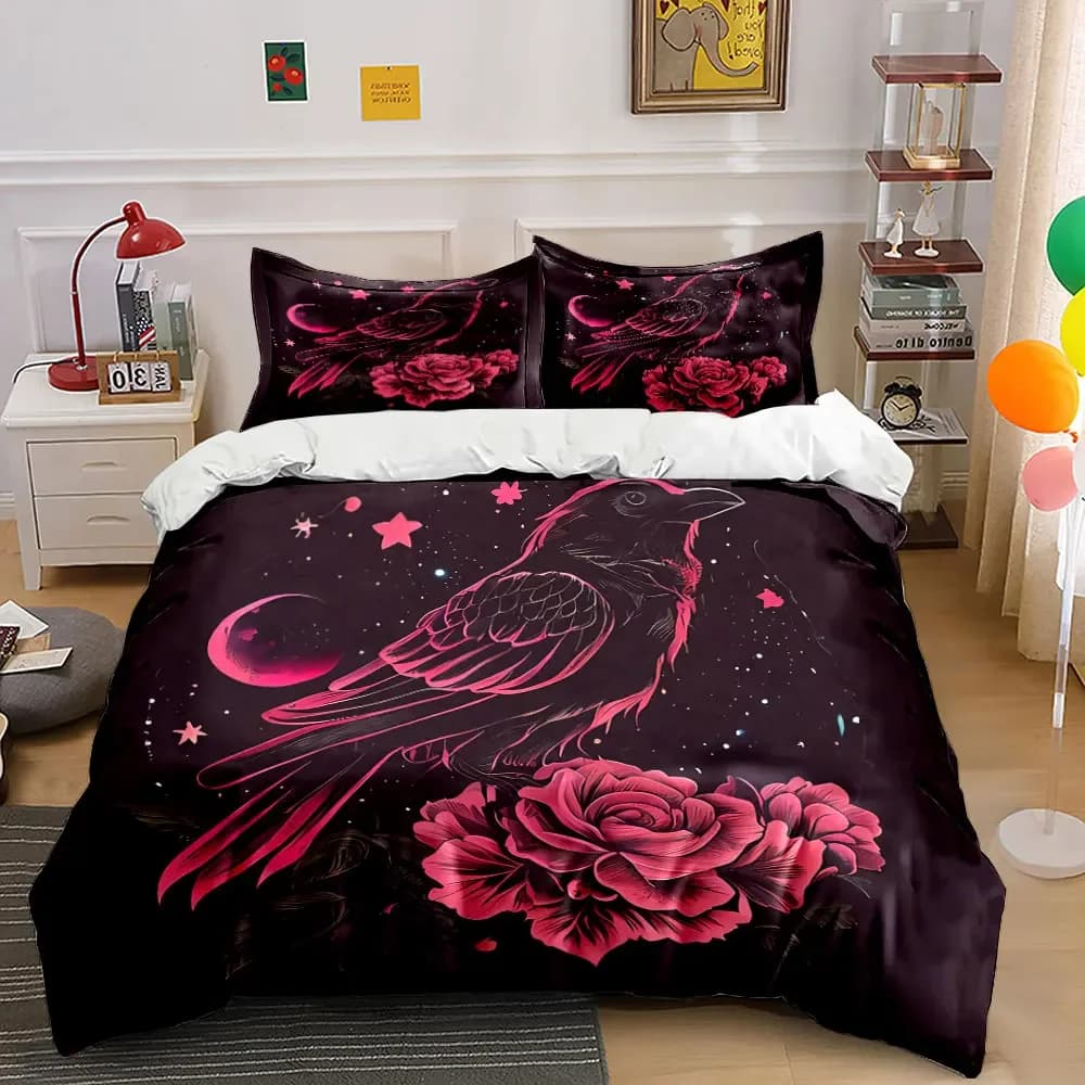 Set decorativo per la notte Raven Rose, set di biancheria da letto con copripiumino morbido e confortevole, include 1 copripiumino e 2 federe, regalo
