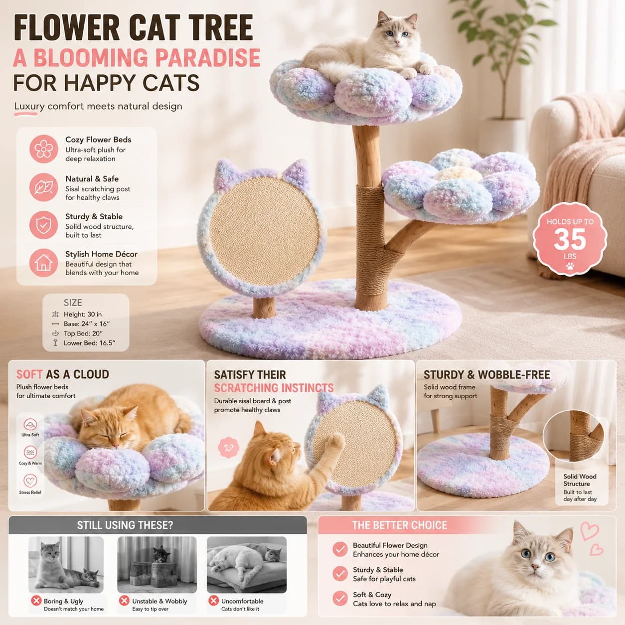 Flower Cat Tree with Plush Cat Bed Natural Sisal Scratching Post Cute Cat Furniture Activity Center for Indoor Cats