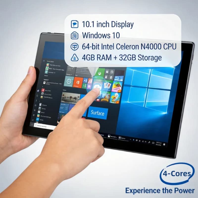 Tablet PC Windows 10 da 10.1 Pollici, 4GB RAM DDR, 32GB ROM, CPU Intel Celeron N4000 64bit, WIFI, Bluetooth 4.0, Doppia Fotocamera, 1*USB 3.0, HD-MI