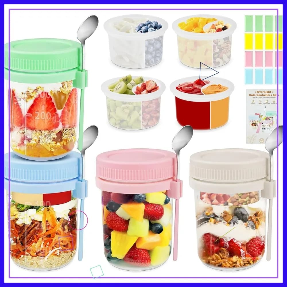 Barattoli in Vetro da 16 oz con Coperchi e Cucchiai - Confezione da 4 Contenitori per Overnight Oats, Tazze Ermetiche per Yogurt e Parfait per Preparazione Pasti