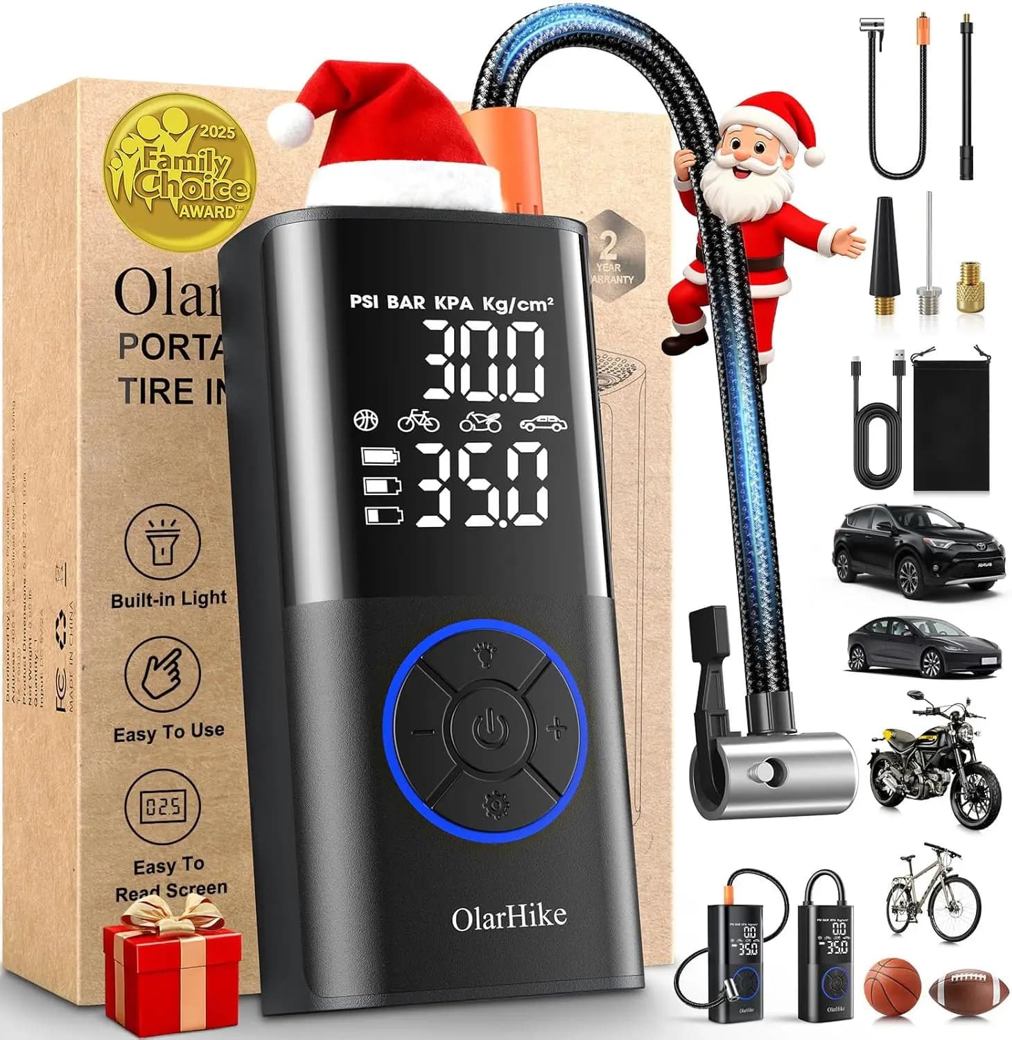 Portable tyre inflatable, 160 PSI intelligent air compressor with double tube, LED light and digital indicator for car, bike, motorcycle