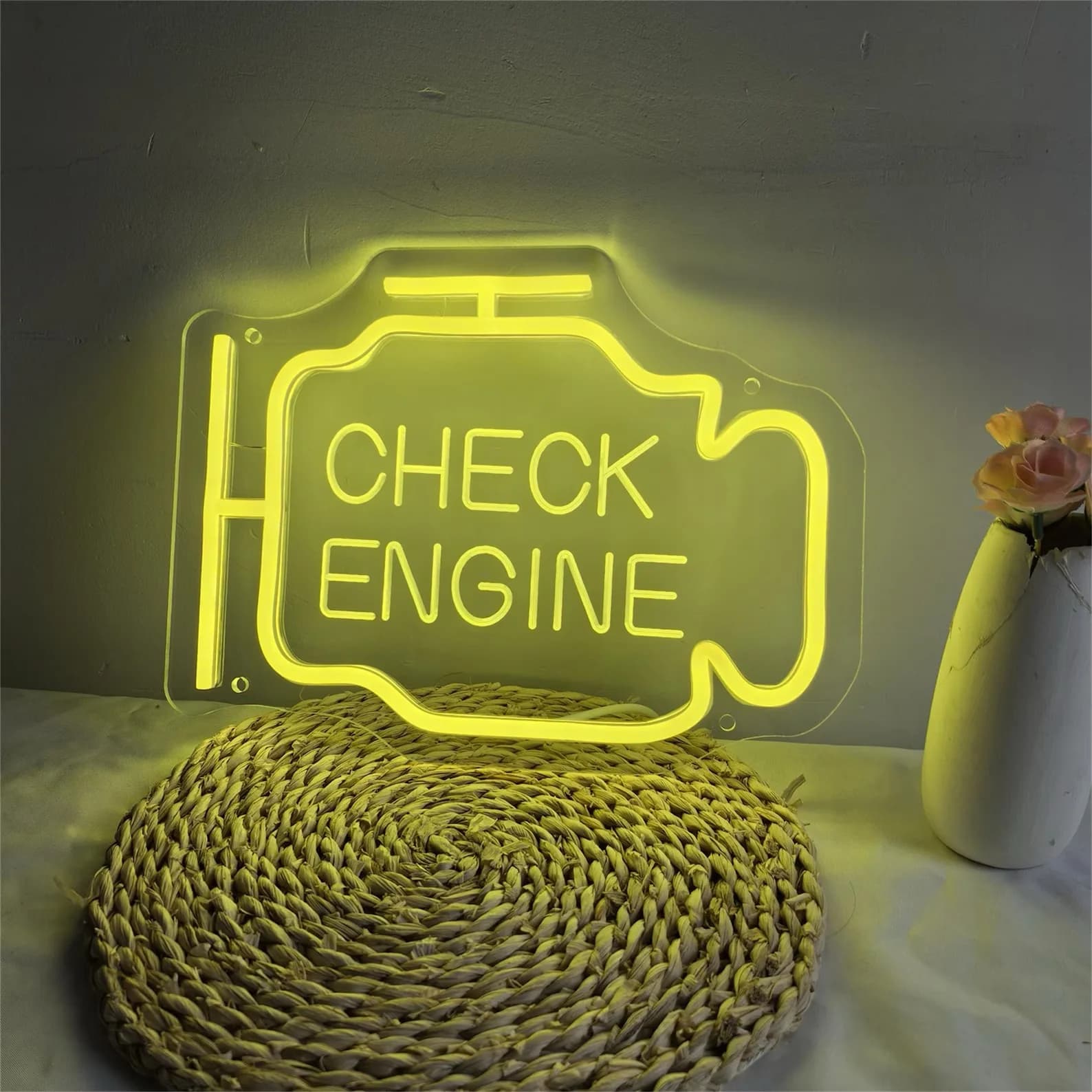 Insegna al Neon LED 'Check Engine', Decorazione da Parete per Garage e Officina, Luce al Neon 'Check Engine', Regalo di Compleanno per Uomini