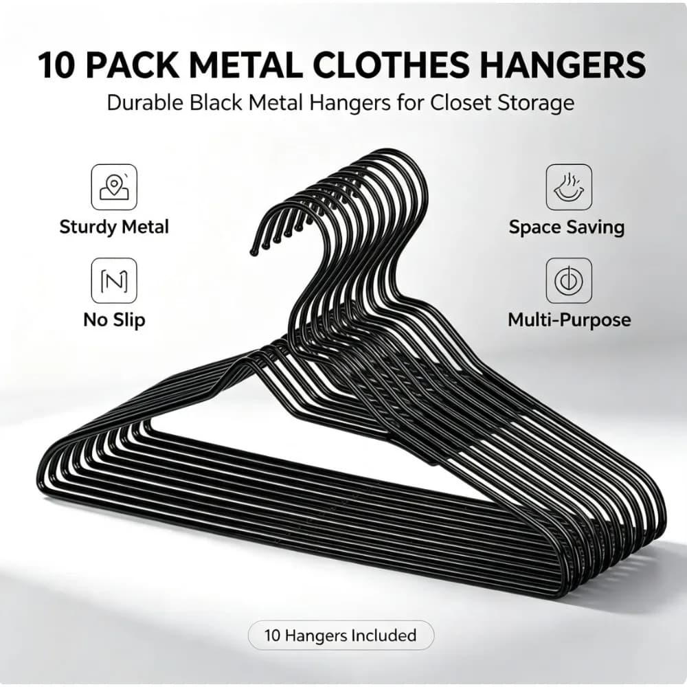 10‑Count Black Non‑Slip Clothing Hangers, Chrome Metal Hooks, Durable Closet Storage Hangers for Shirts, Jackets & Household Wardrobe Organization