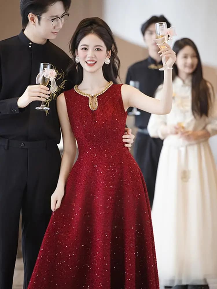 Red Wedding Dress Elegant mid Waist a Line Skirt Long Sleeveless No Belt Wedding Ceremony Reception Dinner Party Outfit