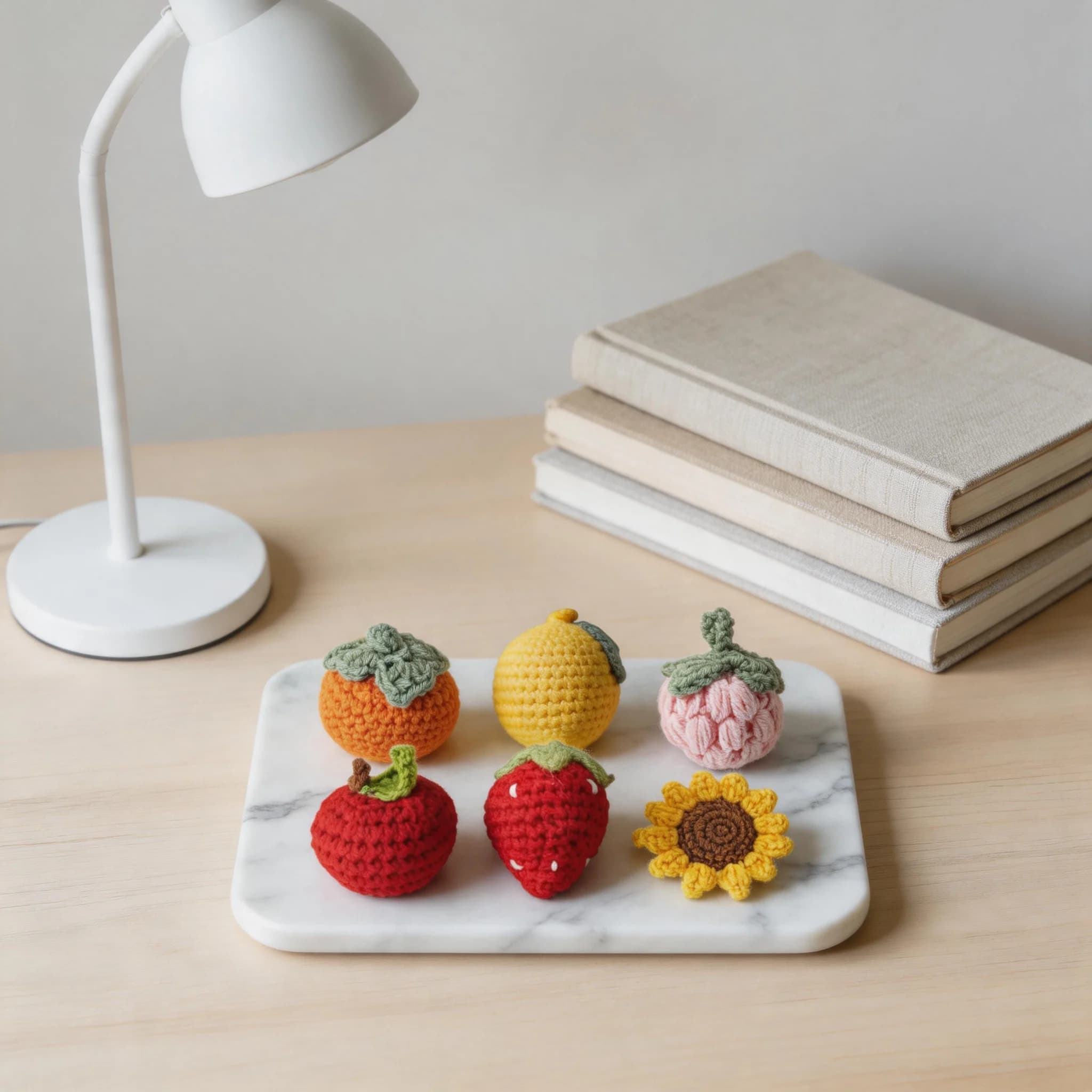 Set of 6 handmade knitted fruit and flower keychains/bag charms—exquisite DIY gifts or accessories for backpacks and handbags.