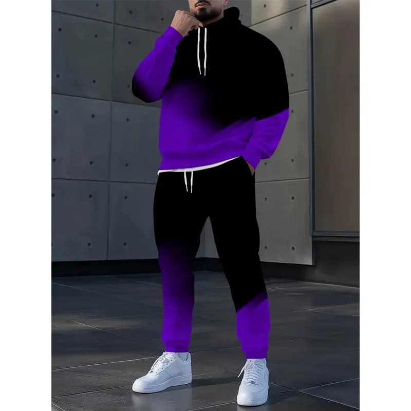 2026 Men Women Purple Black Gradient Splicing Print Hoodie Sweatshirt Long Sleeve Pullover With Pocket Casual Drawstring