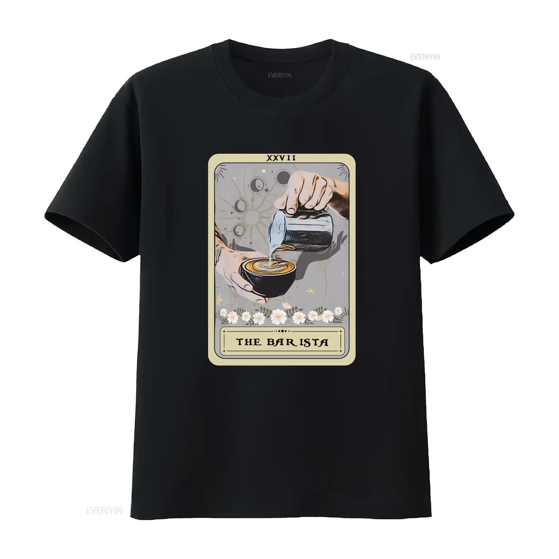 Maglietta Barista Tarot Card s Coffee Lover vintage Grafica lavata Top traspirante e confortevole da indossare tutti i giorni Casual