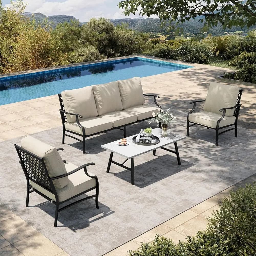 Set di mobili da giardino in 4 pezzi, 2 sedie in metallo con cuscini, divano a 3 posti con tavolino marmorizzato, set da esterno per tutte le stagioni o