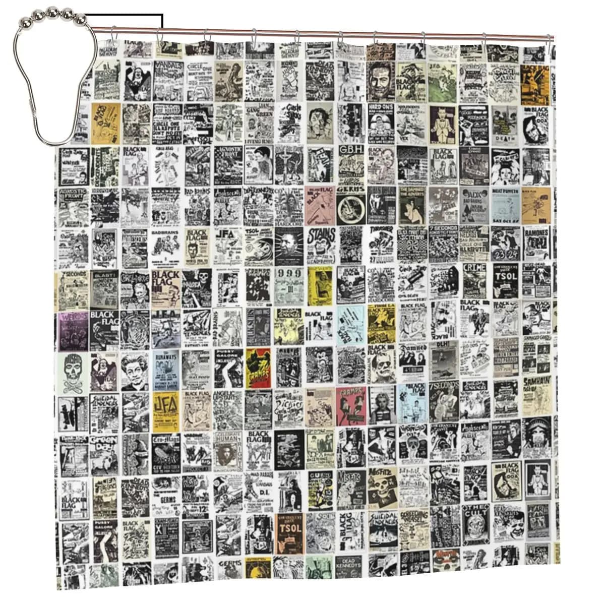Tenda da doccia vintage in poliestere impermeabile con ganci, motivo flyer punk rock