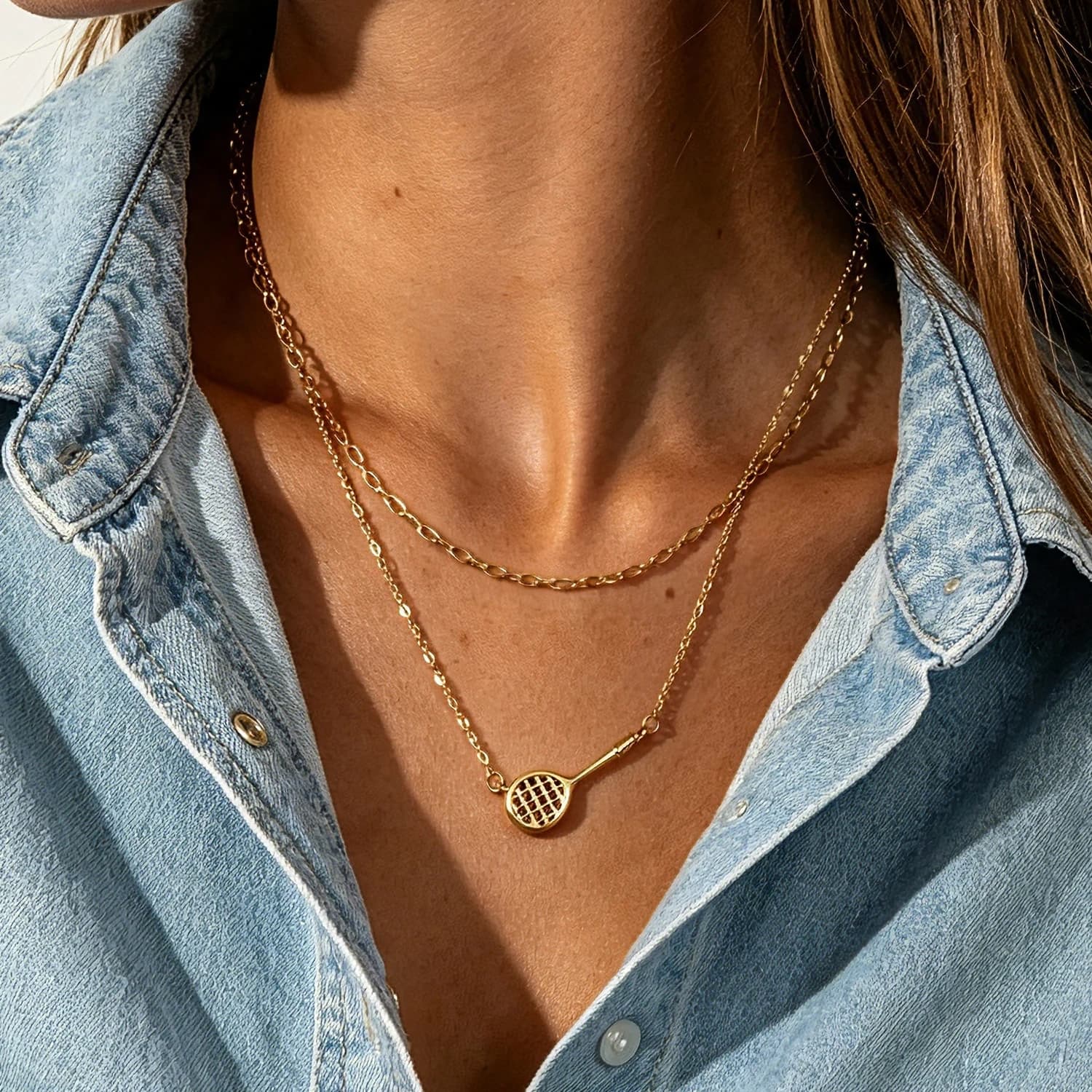 Stainless Steel Tennis Racket Pendant Necklace Double Layer Stackable Chain Minimalist Sporty Irregular Buckle Clavicle Jewelry